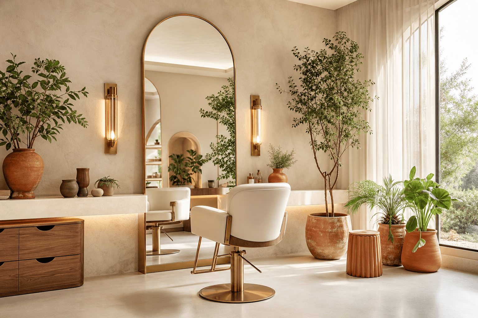 Sunlit salon interior with styling chairs and warm wood details